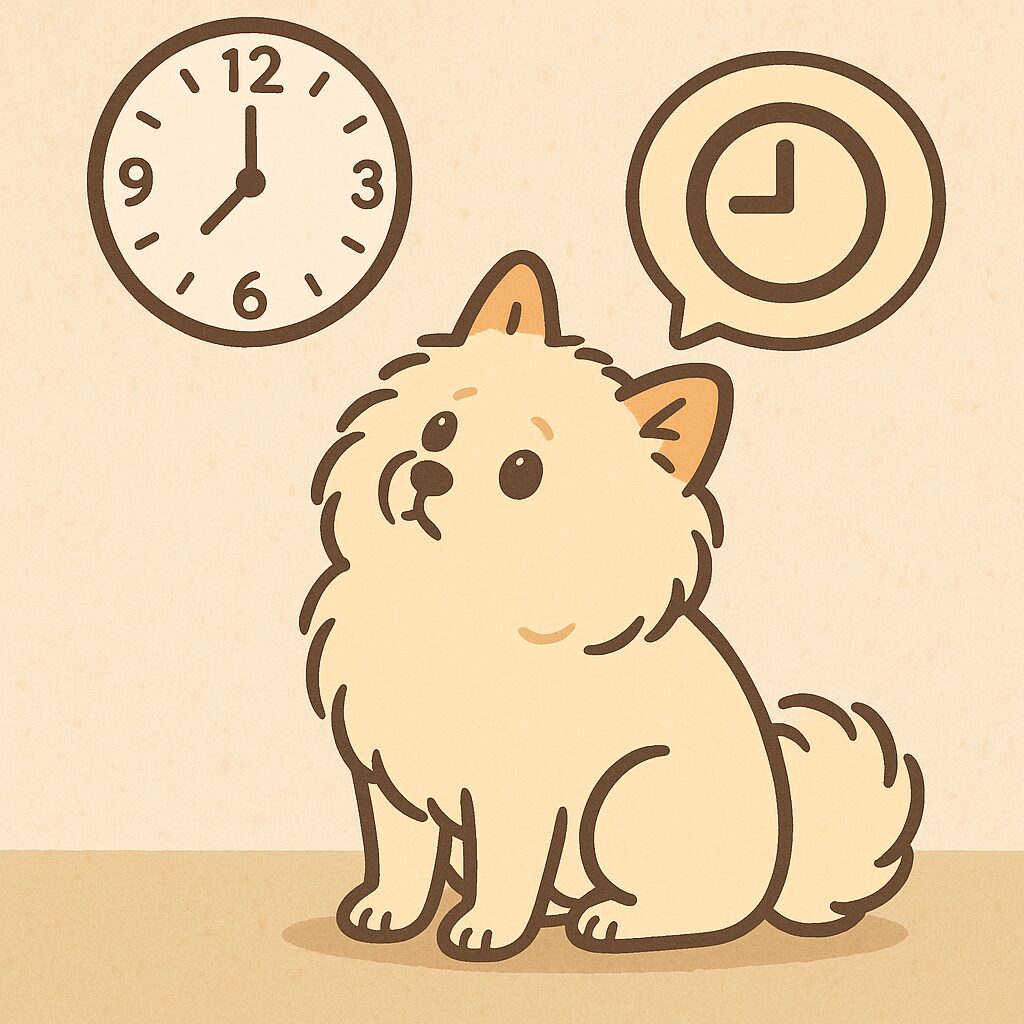 シニア犬が時計を見上げ、留守番時間の目安を示すアイコンが描かれたイラスト