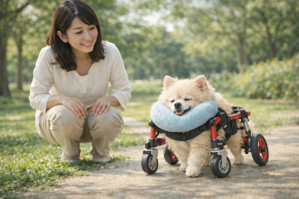 老犬が四輪車椅子であご乗せを使い安定して歩いている様子