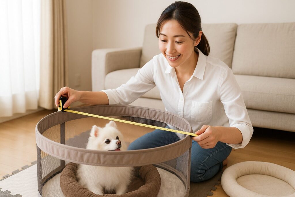 「白ポメラニアンのいる円形サークルのサイズをメジャーで測る日本人女性の写真風画像」