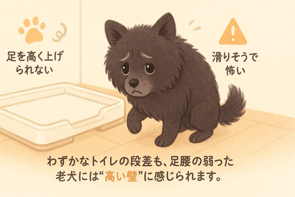 段差のあるトイレトレーの前で、入るのをためらっている黒ポメラニアンの老犬を描いたイラスト