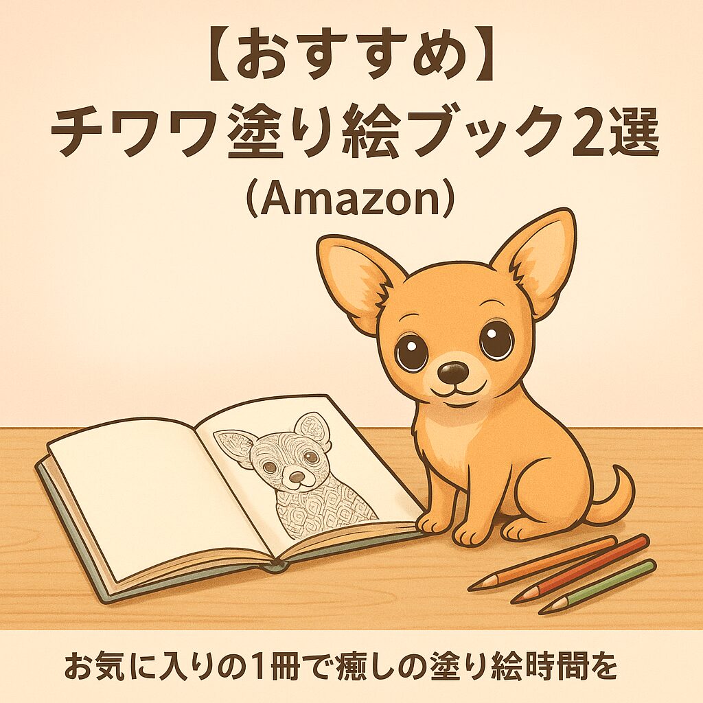 机の上で塗り絵ブックを前に座るチワワの可愛いイラスト