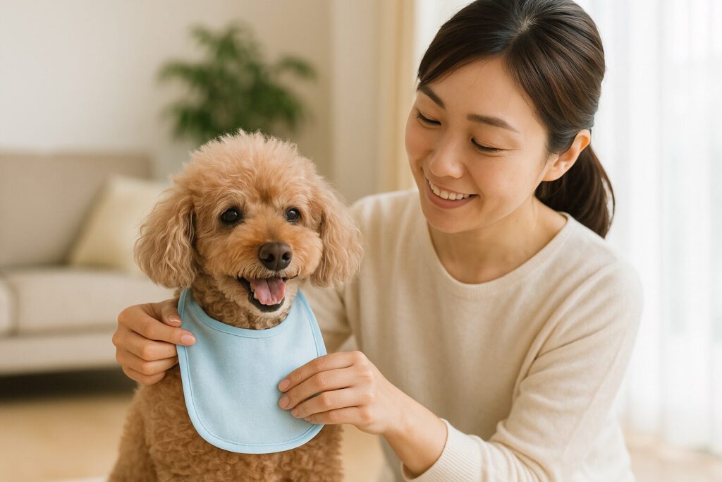 よだれかけをつけたアプリコットプードルを日本人女性が優しくケアしている実写風写真。
