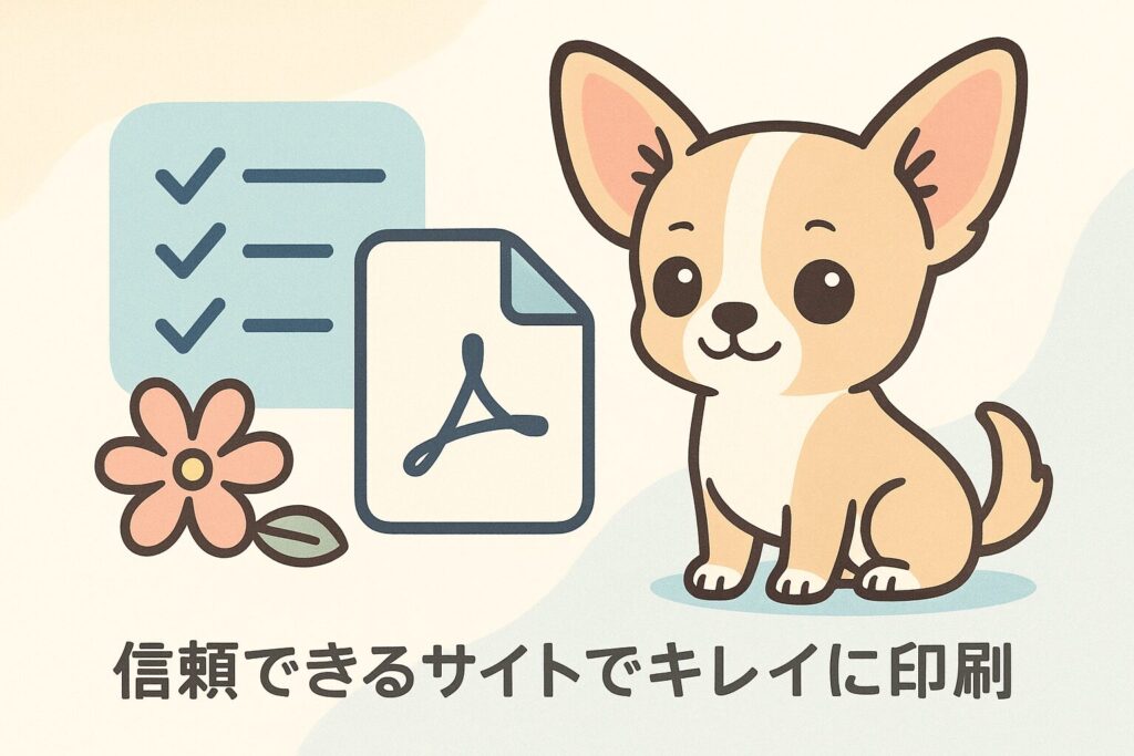 チェックリストとPDFアイコン風モチーフの横でポーズをとるチワワのイラスト