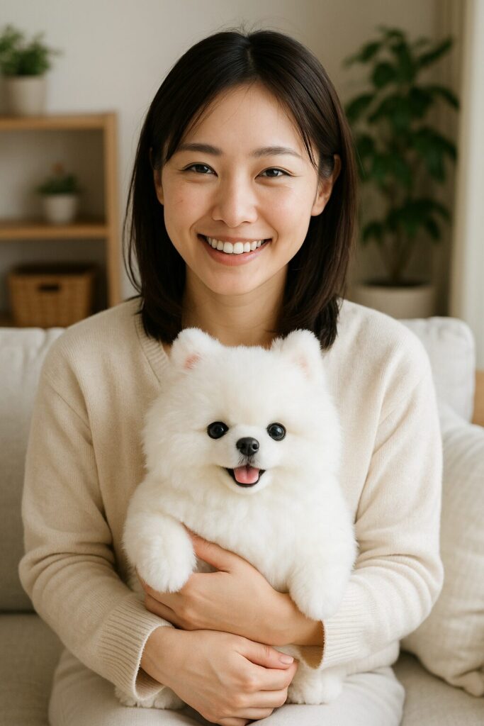 白いポメラニアンぬいぐるみを抱いて微笑む日本人女性が写った実写風イメージ。