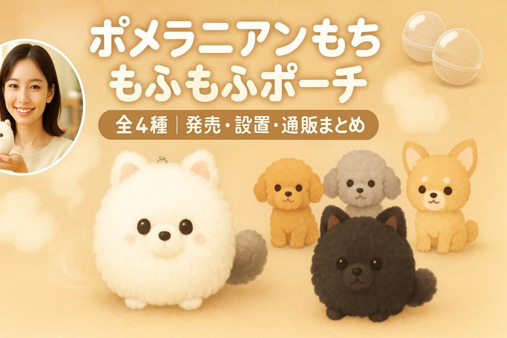ポメラニアンもち もふもふポーチのアイキャッチ。白ポメと黒ポメのイラストに、手のひらサイズの実写風ポーチを持つ日本人女性の笑顔、小さなガチャカプセル、全4種（もち・しらたま・きなこ・くろみつ）の紹介テキスト入り。