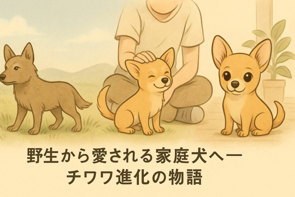 草原を背景に、古代のテチチから現代のチワワへ進化していく姿を描いたイラスト。穏やかで優しい雰囲気