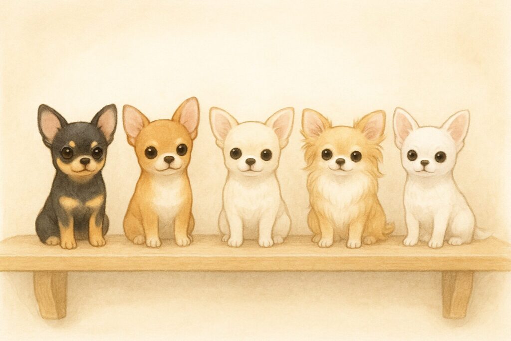 チワワフィギュアが5体並んだアイキャッチ用イラスト。