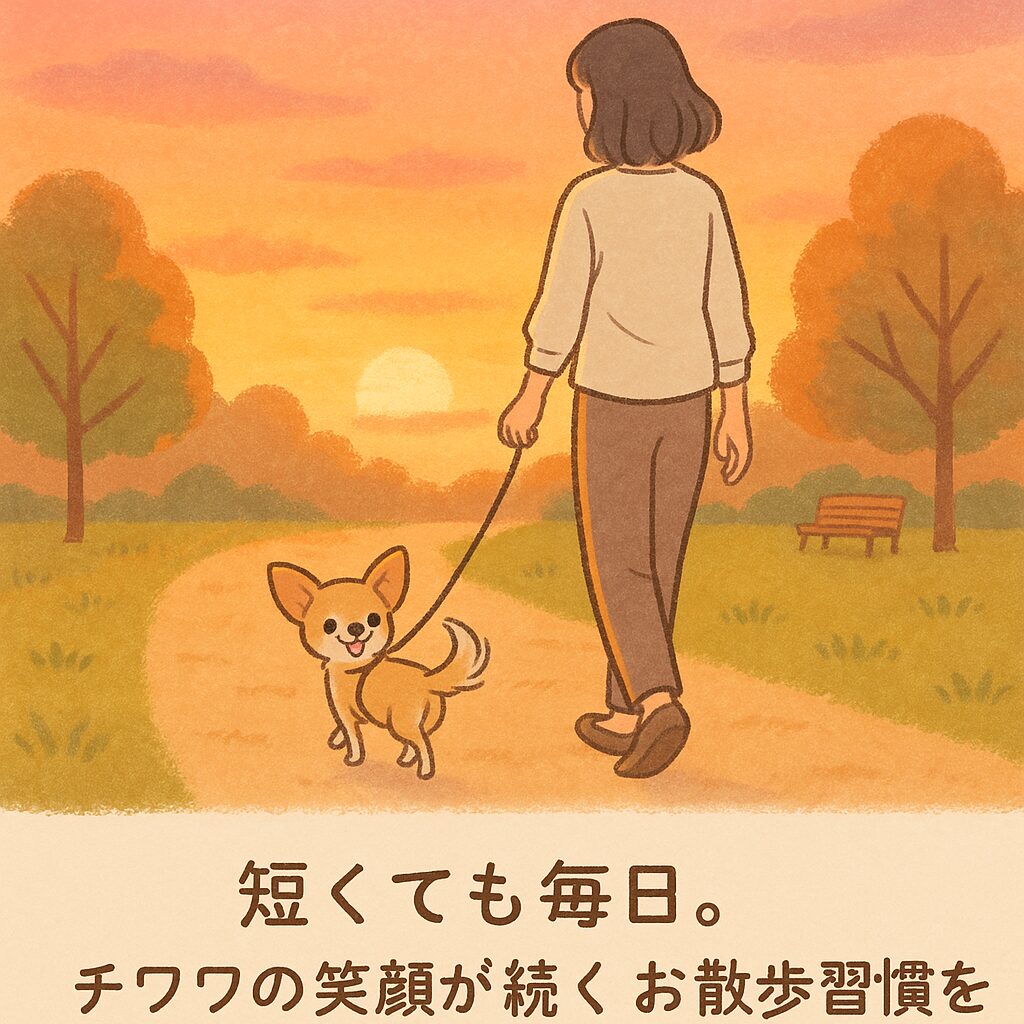 夕暮れの公園を並んで歩くチワワと日本人女性の後ろ姿イラスト
