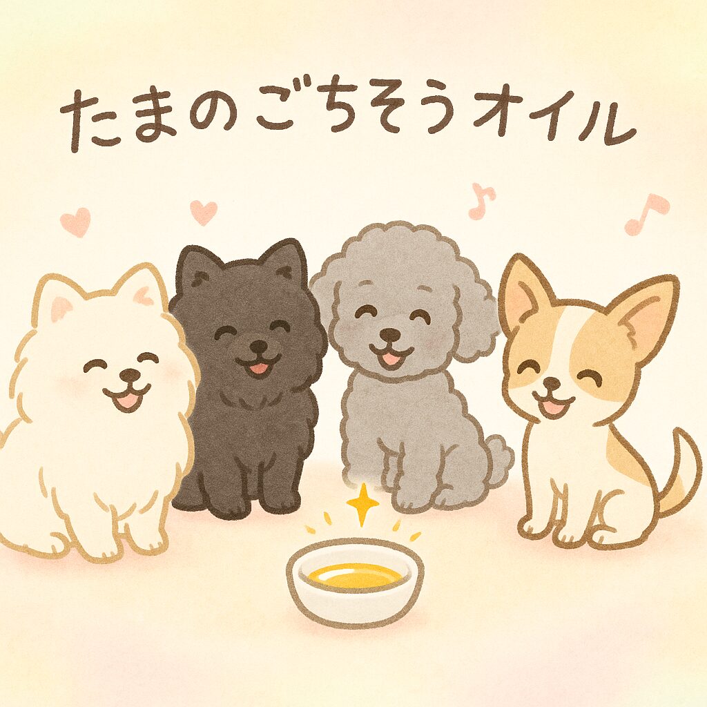 白ポメラニアン・黒ポメラニアン・シルバートイプードル・チワワが輪になって座り、ごく少量のごま油がかかったごちそうボウルを囲む締めのイラスト