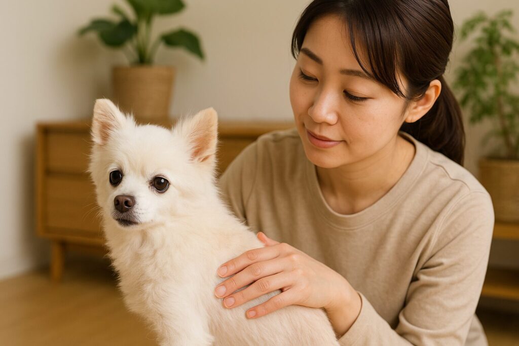 背骨が少し浮き出た白ポメラニアンの老犬と、心配そうにやさしく背中に触れる日本人女性