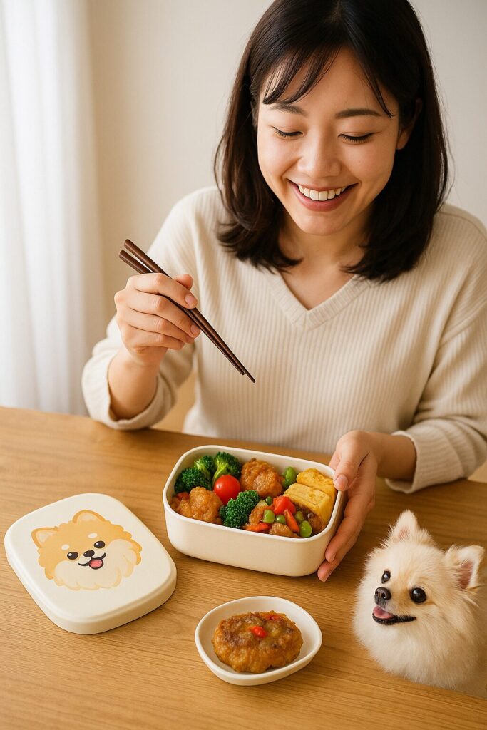 ポメラニアン柄の弁当箱と笑顔の日本人女性、その横で弁当を見上げるポメラニアンがいるランチシーンの写真