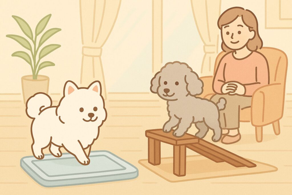 　白ポメラニアンがトイレに向かい、シルバートイプードルがスロープを登る姿を、飼い主が穏やかに見守るイラスト。