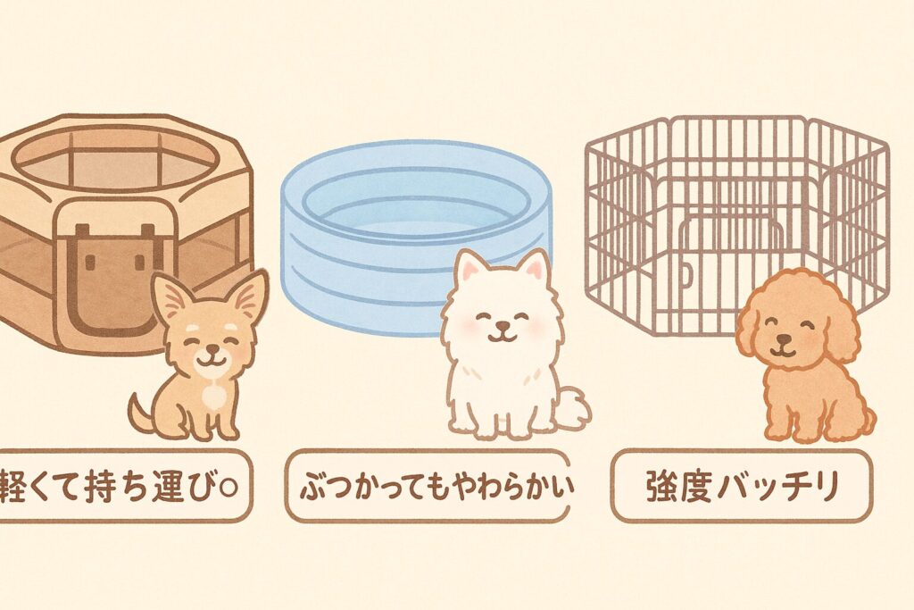 布製サークル・ビニールプール型・スチールパネル型を、チワワ・白ポメ・アプリコットプードルの老犬と一緒に描いた比較イラスト