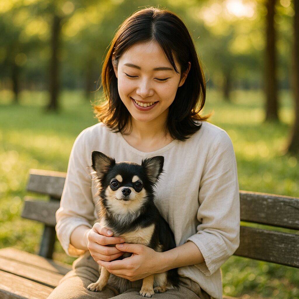 夕方の柔らかい光の中、公園のベンチでチワワと穏やかに過ごす日本人女性の写真。