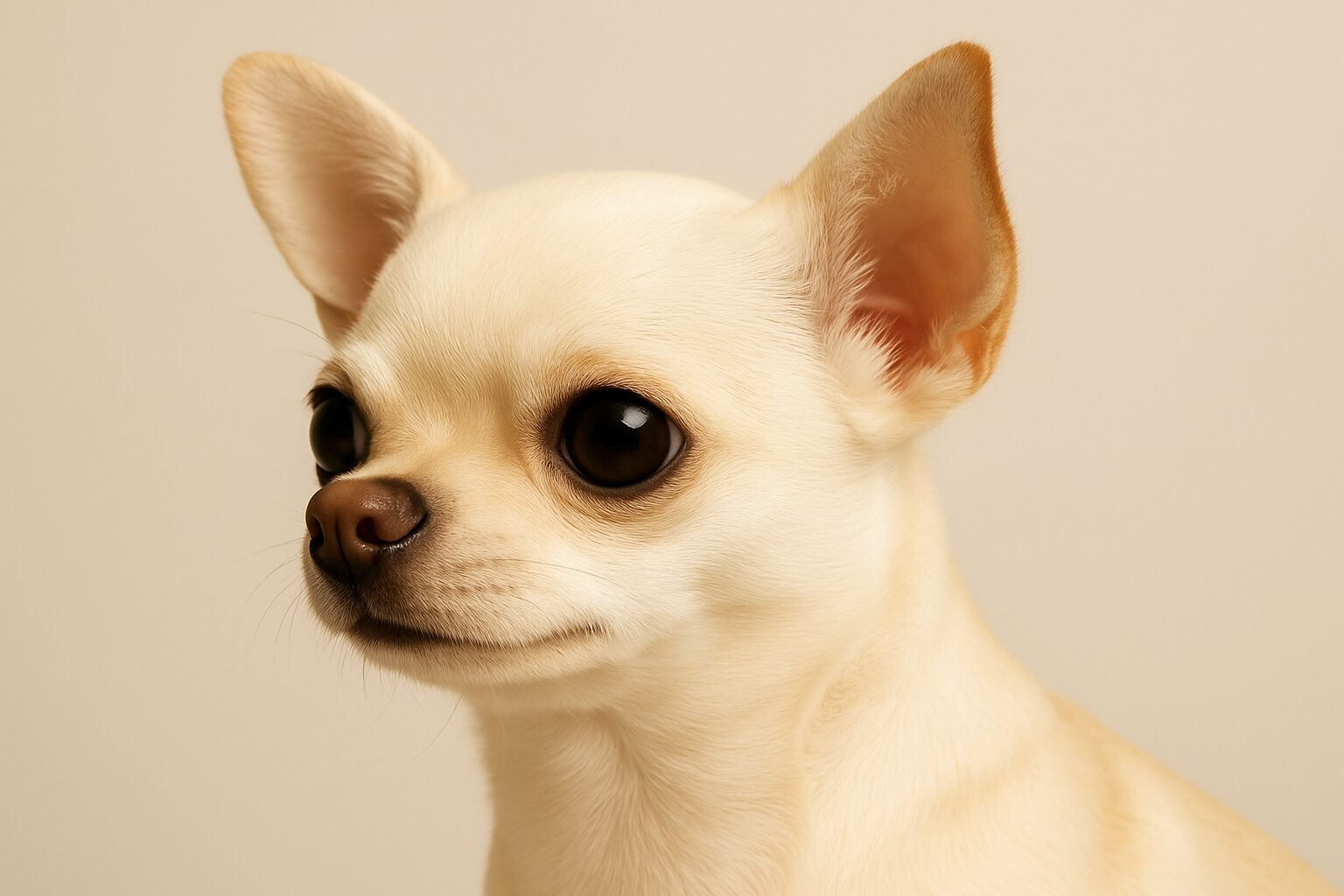 アップルヘッドタイプのチワワの横顔。丸い頭部とバランスの取れた顔立ちが特徴の美人チワワ。