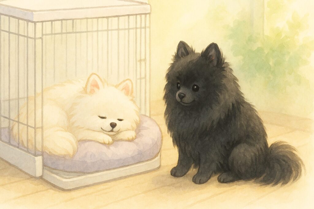 「清潔なケージでくつろぐポメラニアンたちの癒やしイラスト」