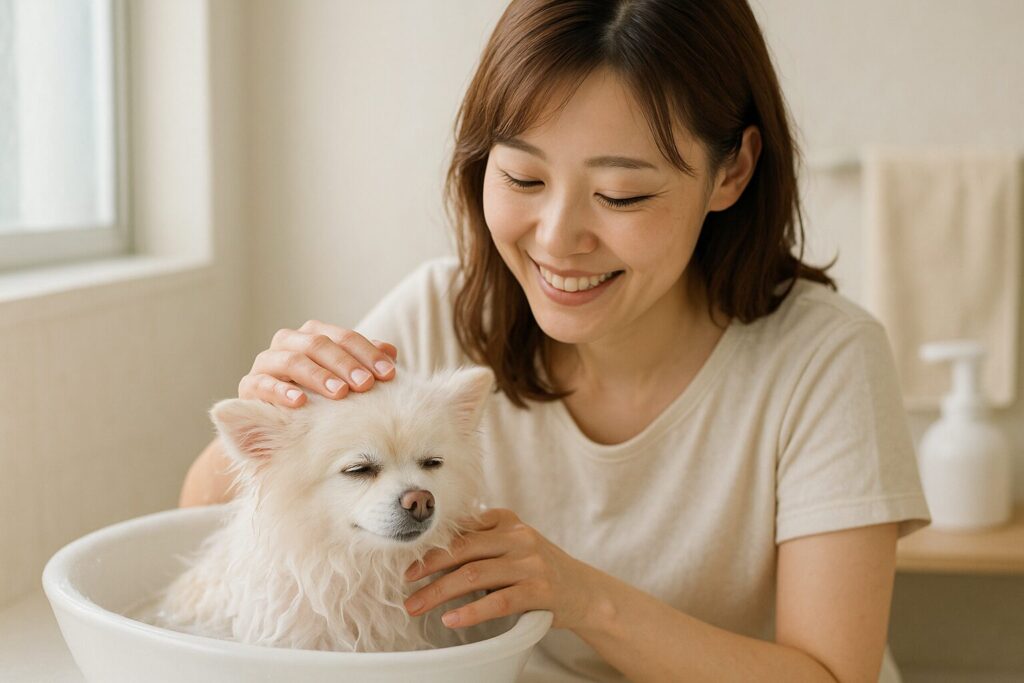 日本人女性が白ポメラニアンの老犬を優しく抱え、シャンプー前にリラックスさせている様子。