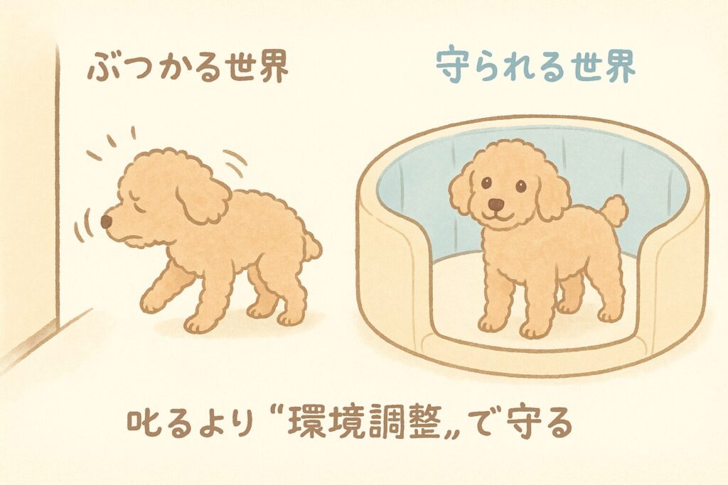 壁にぶつかりそうなアプリコットプードルの老犬と、クッション付きサークルで守られている老犬を対比したイラスト