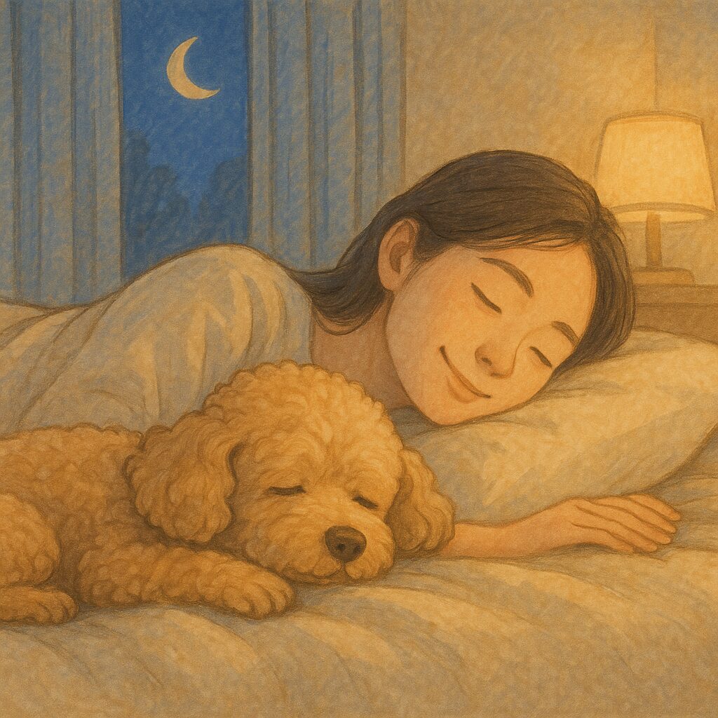 アプリコットプードルのシニア犬が、防音カーテンに守られた静かな部屋で日本人女性のそばに寄り添って眠っているイラスト