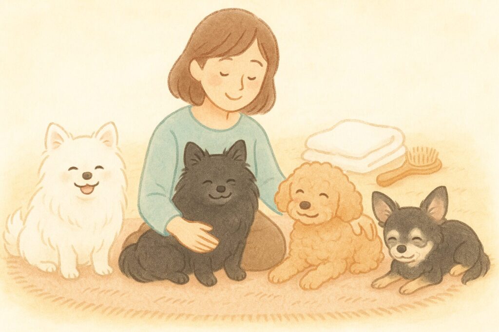 白ポメ、黒ポメ、プードル、チワワが飼い主と一緒に穏やかに過ごす、優しい雰囲気のイラスト。