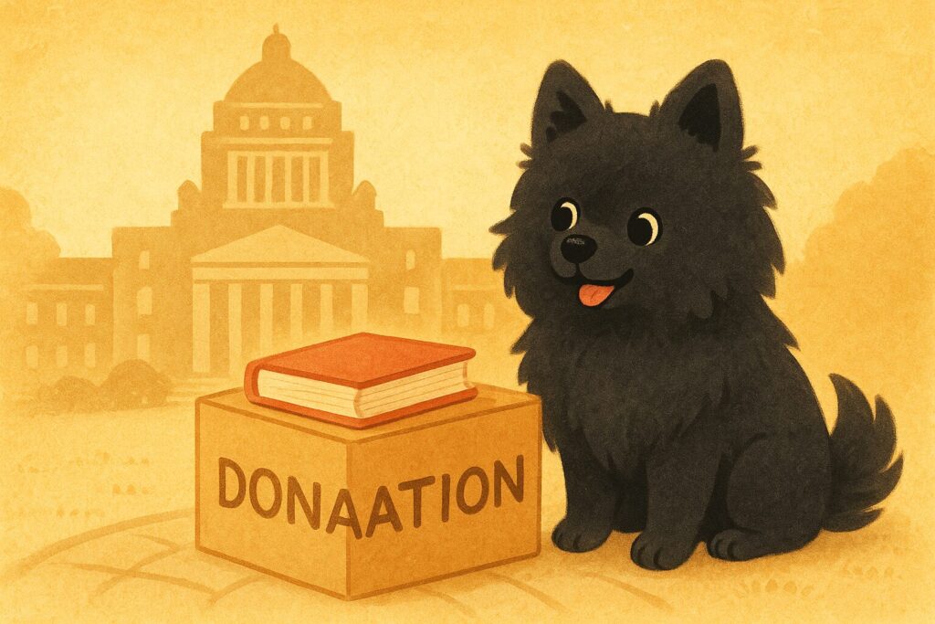 図書館の外観シルエットと黒ポメラニアン、寄贈箱と本のイラスト