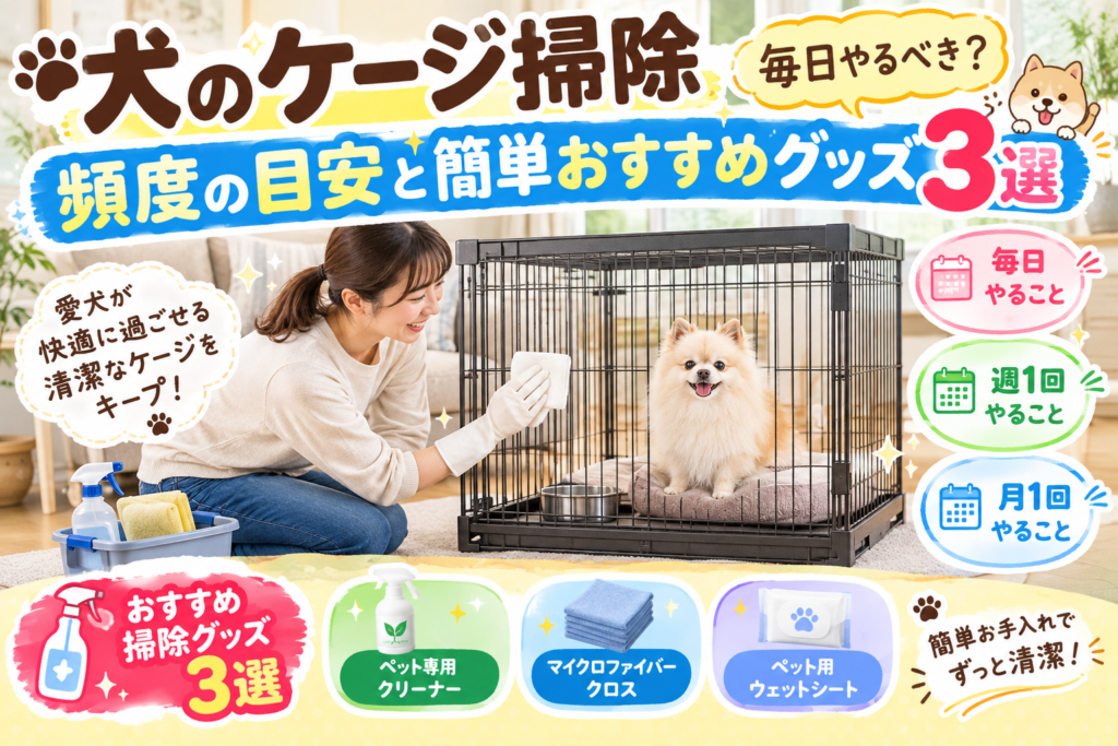 犬のケージを掃除する飼い主とケージ内の犬