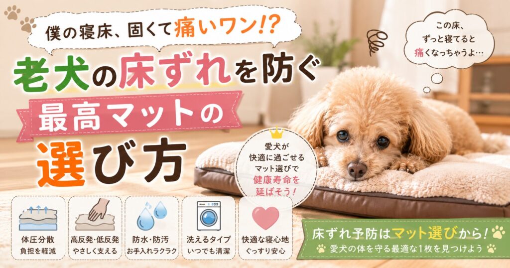 柔らかい介護マットの上で寝ている老犬トイプードルと、床ずれ予防マットの選び方を紹介するアイキャッチ画像