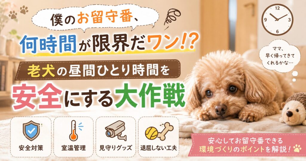 留守番中の老犬トイプードルが部屋で横になり、安心して過ごせる環境づくりをイメージしたアイキャッチ画像