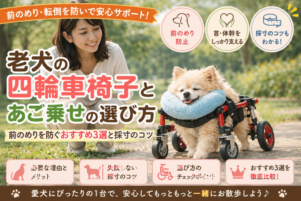 四輪車椅子とあご乗せを使う老犬と飼い主