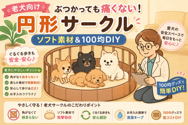 老犬がソフト素材の円形サークルの中で安心して過ごしているイラスト