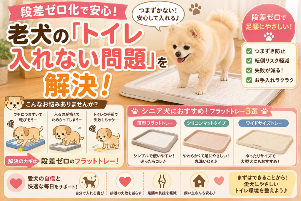 段差の少ないトイレトレーを使って老犬が安心してトイレをする様子