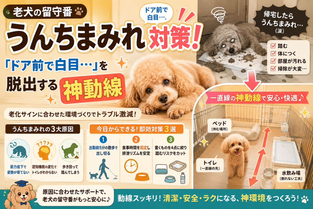 老犬の留守番中のうんちまみれ対策と寝床・トイレを分けた神動線のイメージ