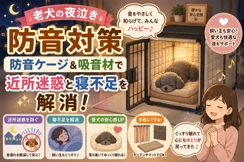 防音ケージで眠る老犬と、安心して眠る飼い主を描いた夜泣き防音対策のイラスト