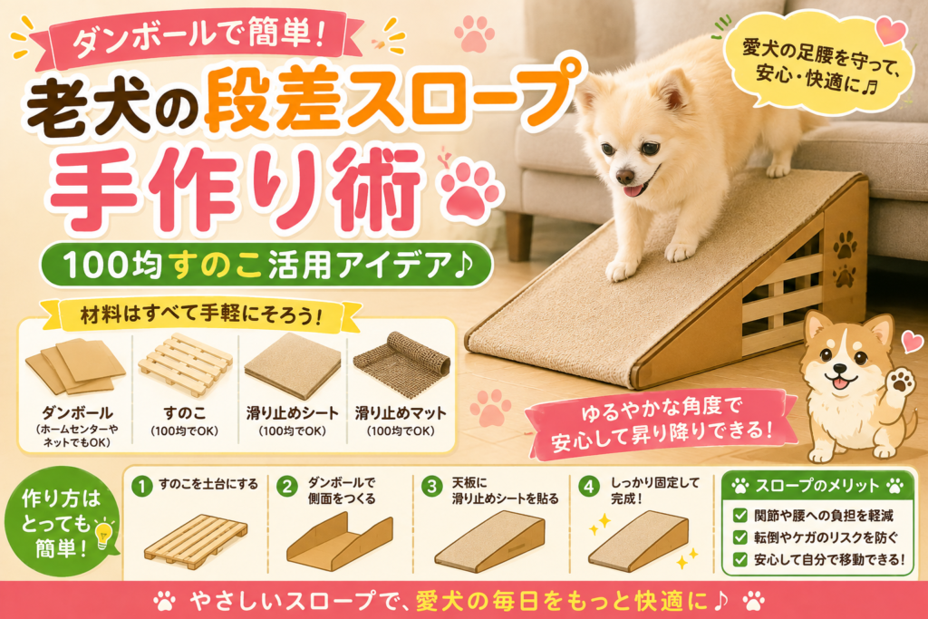 老犬がダンボールと100均すのこで作った段差スロープを使うイラスト
