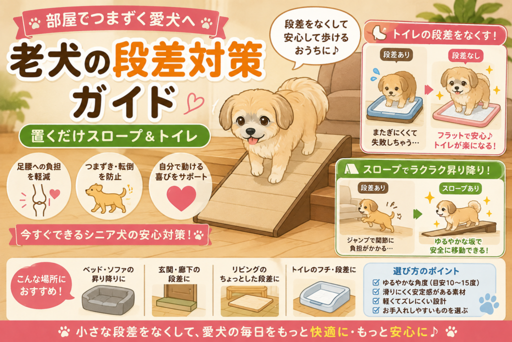 老犬がスロープを使って段差を安全に移動し、フラットなトイレで安心して過ごすイラスト