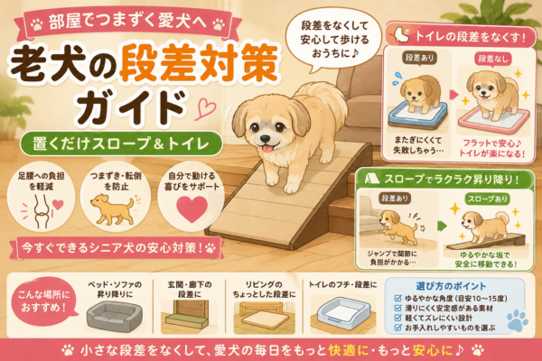 老犬がスロープを使って段差を安全に移動し、フラットなトイレで安心して過ごすイラスト