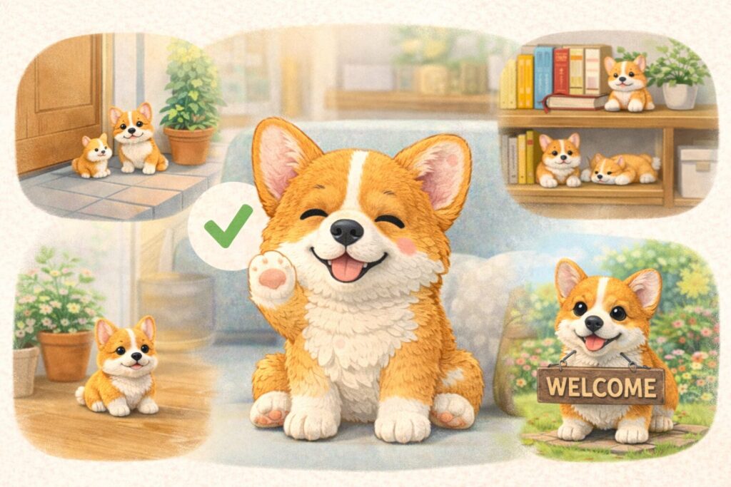 コーギー置物の選び方を振り返るまとめ用イラスト