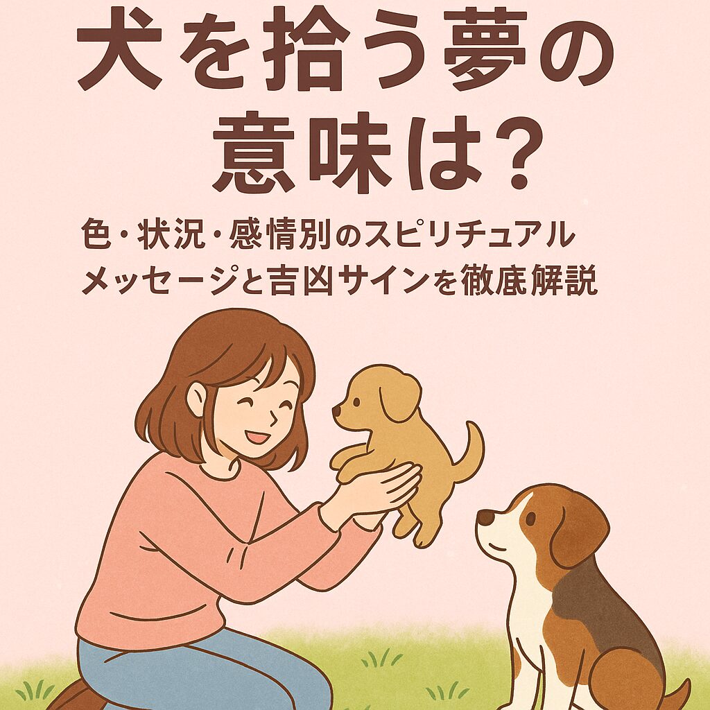 草むらで女性が子犬を抱き上げ、もう一匹の犬がそばで見守っている「犬を拾う夢」をイメージした可愛いイラスト。