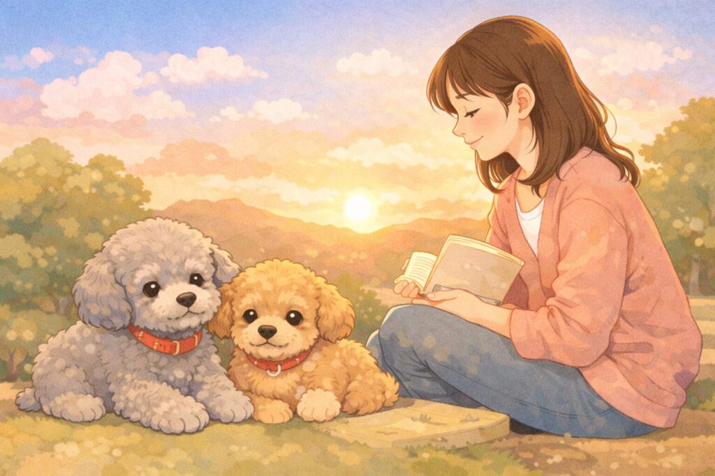 夕焼けの中で座る飼い主と、シルバートイプードル＆アプリコットプードルのほのぼのしたイラスト