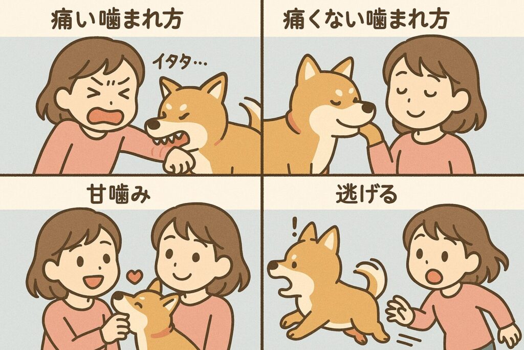 噛まれた状況ごとの違いを、犬との4つの場面で描いた夢占い用イラスト