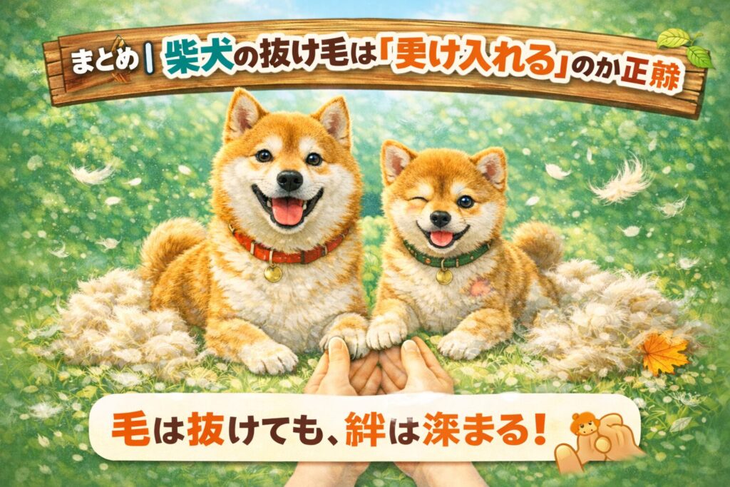 抜け毛の中でも飼い主と手を合わせて笑顔の柴犬と豆柴のイラスト
