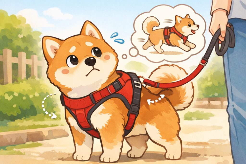 柴犬がハーネスをつけて散歩中に不安そうな表情をしているイラスト
