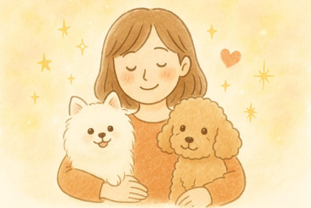 白ポメとプードルに優しく抱きしめられ、安心した笑顔を見せる女性の癒しイラスト