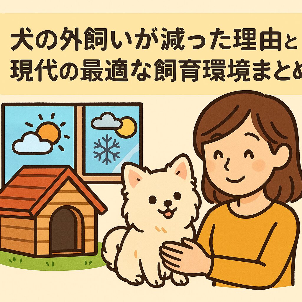 犬小屋と窓の外の四季を背景に、白いポメラニアンと女性が微笑む可愛いイラスト。外飼いの減少理由と最適な飼育環境を示す内容。