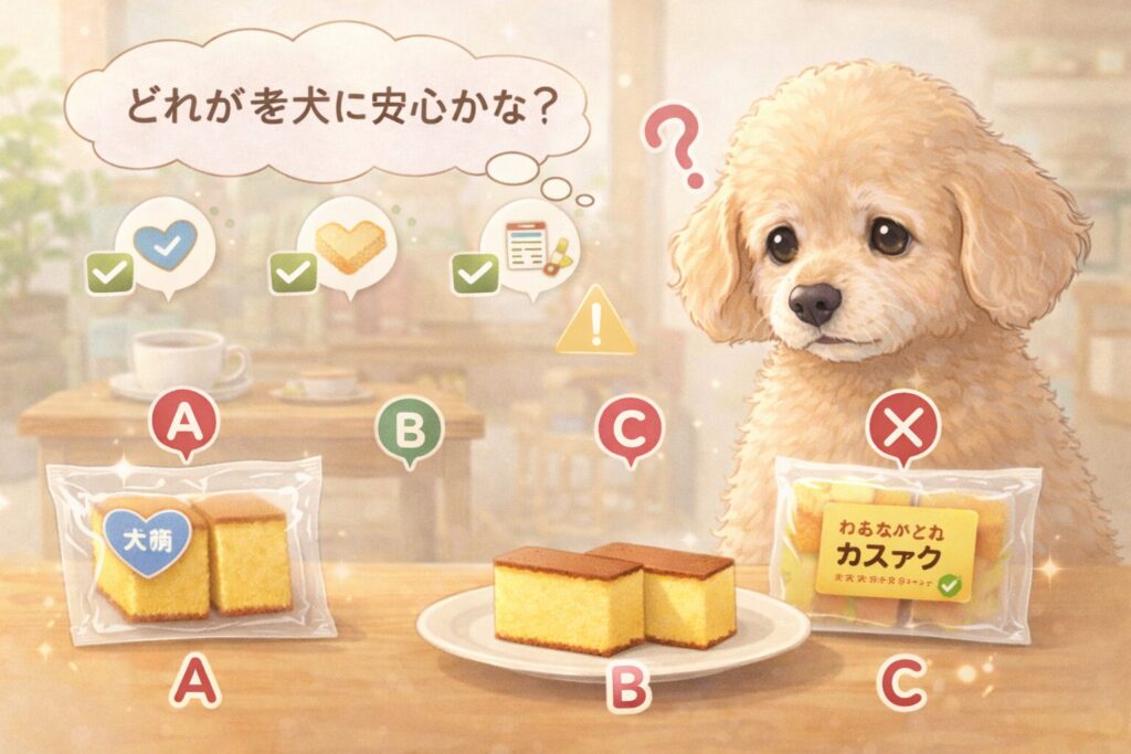 犬用ミニカステラを比較しながら、どれが安全か考える老犬のイラスト
