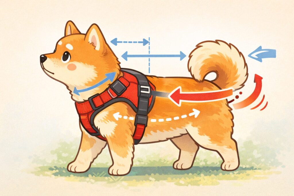 柴犬の体型と動きがハーネスのすっぽ抜けにつながることを説明したイラスト