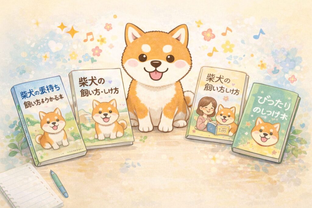 悩み別におすすめできる柴犬のしつけ本4冊を紹介したイラスト。中央に柴犬、周囲にしつけ本が並び、選び方のイメージを伝えている。