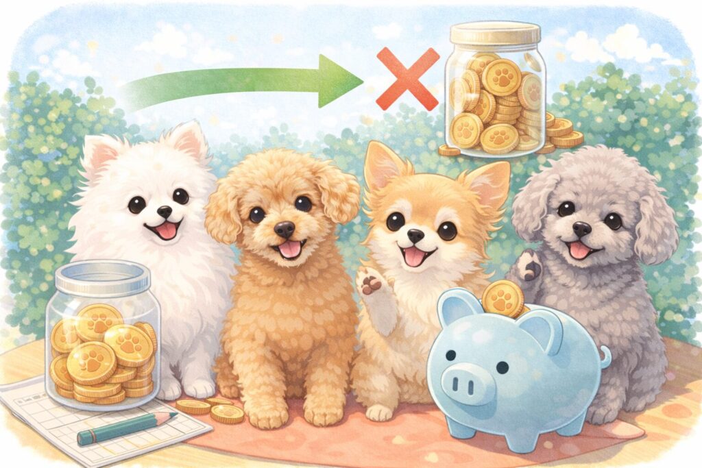 複数の小型犬が穏やかな表情で並び、医療費の備えを前向きに考えているイラスト