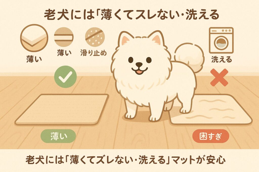 老犬に向いた滑らないマットの選び方を、良い例と悪い例の比較で示したイラスト