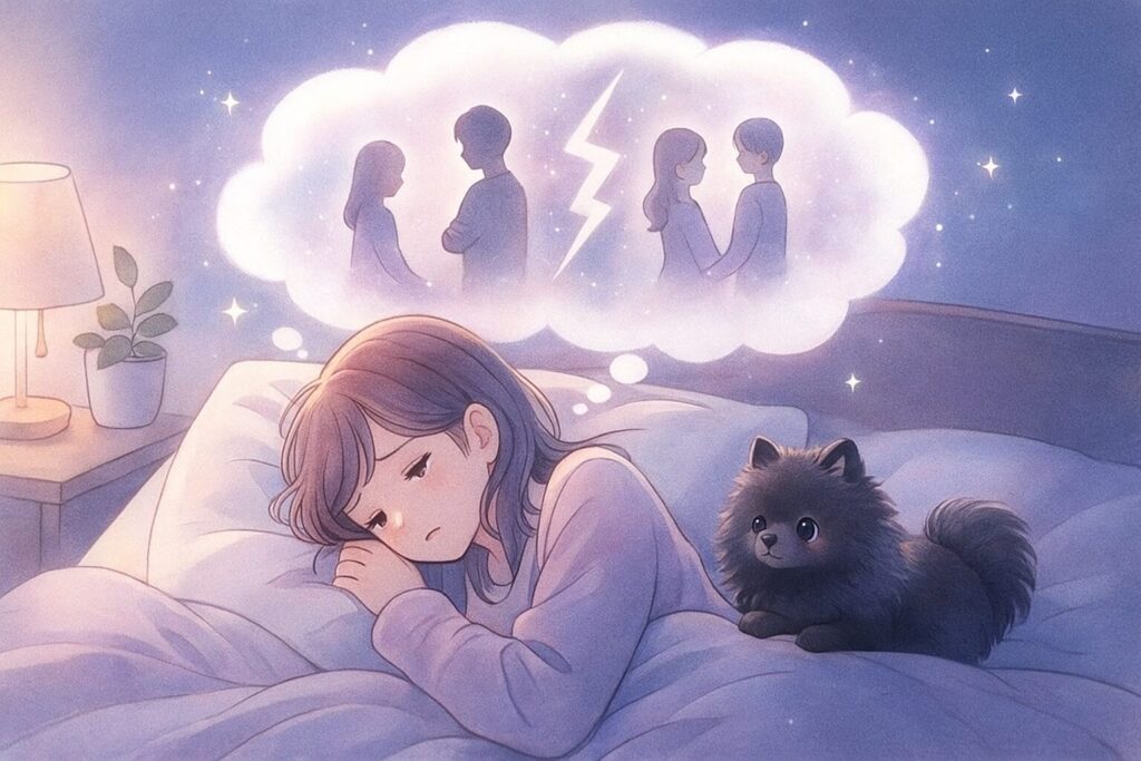 人間関係に不安を感じる女性のそばで黒ポメラニアンが寄り添い、夢の中の不安を象徴するイラスト